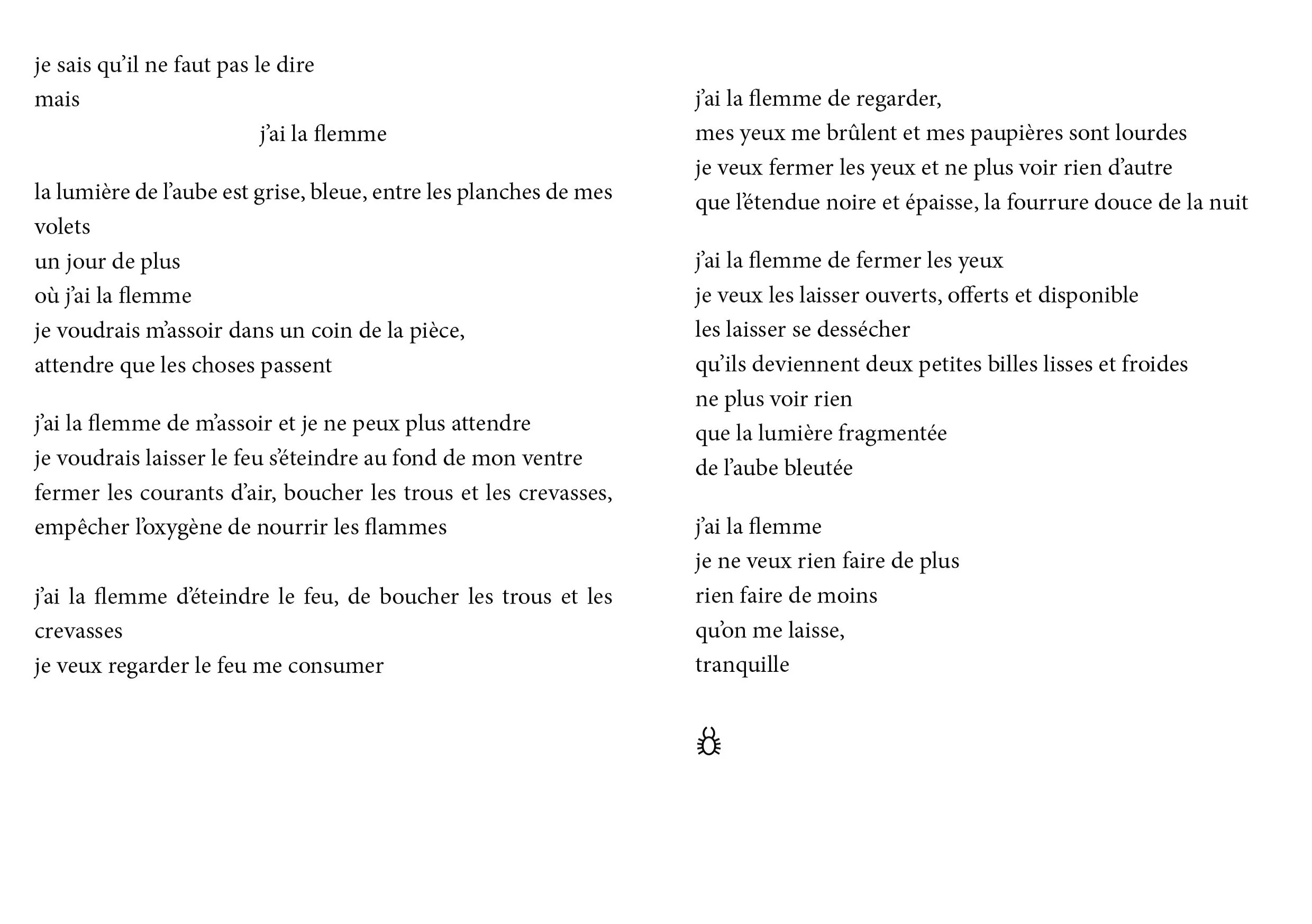 Image d'une page de texte poétique en français avec une petite icône de soleil au centre inférieur.