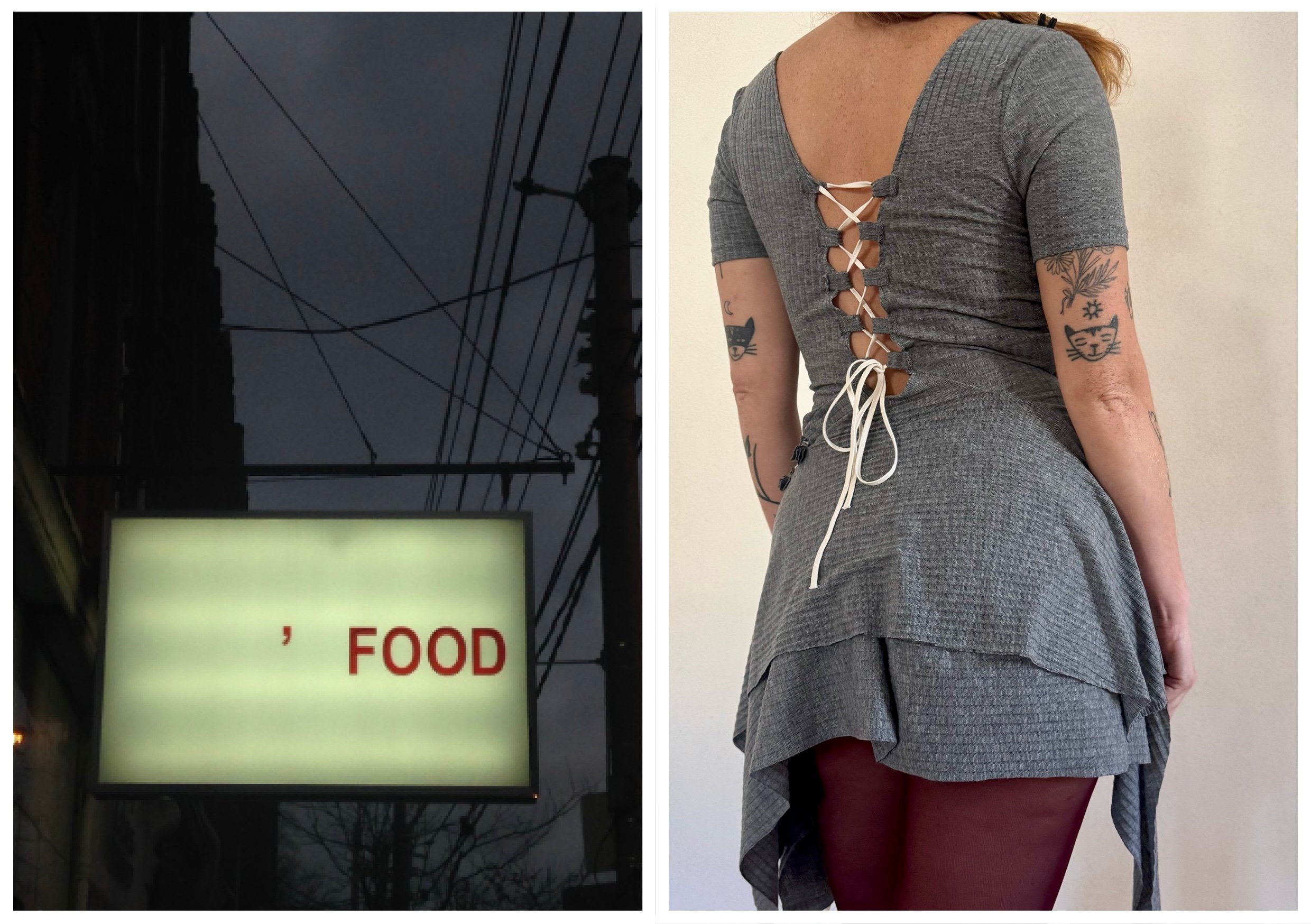 Image divisée en deux parties. La gauche montre un panneau lumineux sur un fond de ciel sombre et d'arbres, avec une phrase partielle affichée en rouge: ', FOOD'. La droite montre une femme portant une robe courte en tissu gris avec un dos lacé et de