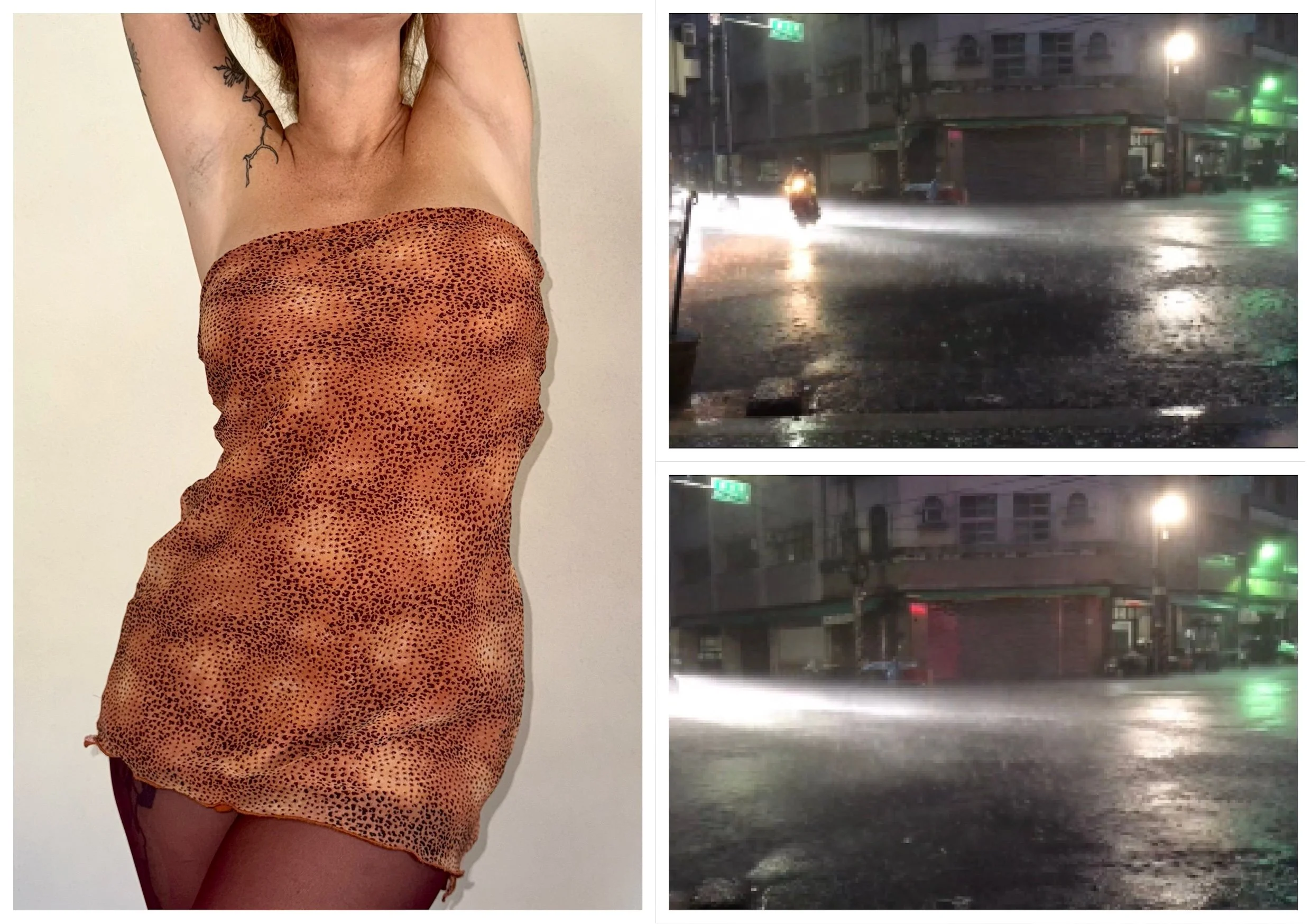 Une personne portant une robe courte orange avec un motif noir, vue de face, avec des bras levés. Sur la droite, deux images de rues urbaines la nuit under la pluie, avec des bâtiments et des lumières fluctuant dans l'obscurité.