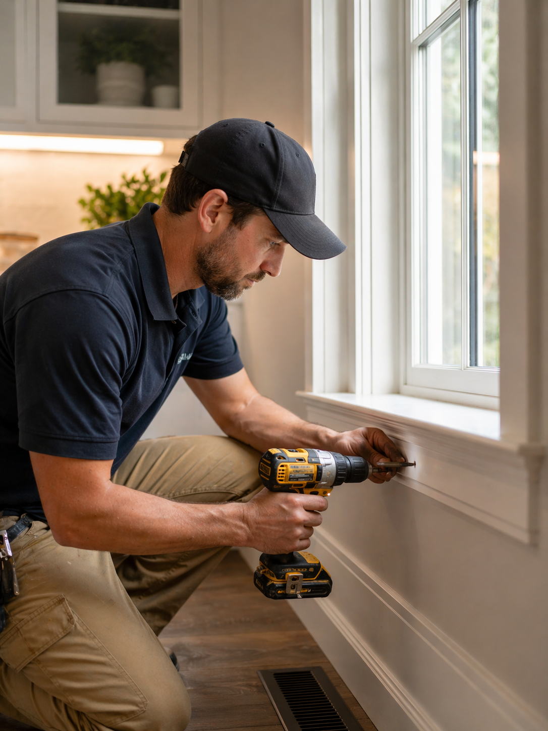 A craftsman using a cordless drill to install or repair a window frame in a home interior, with sunlight coming through the window.
