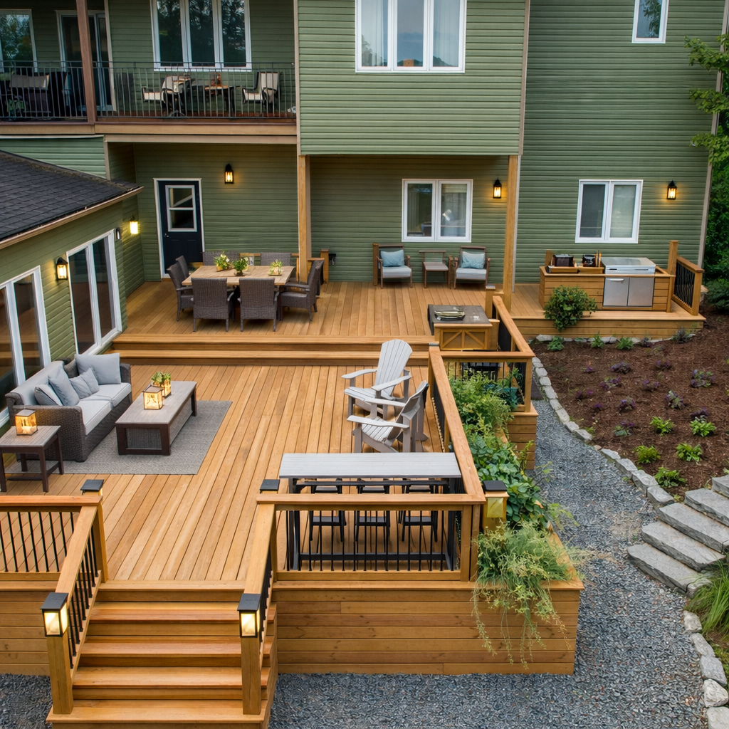 Backyard deck with outdoor furniture, dining area, grilling station, lounge chairs, and surrounding garden with flowers.