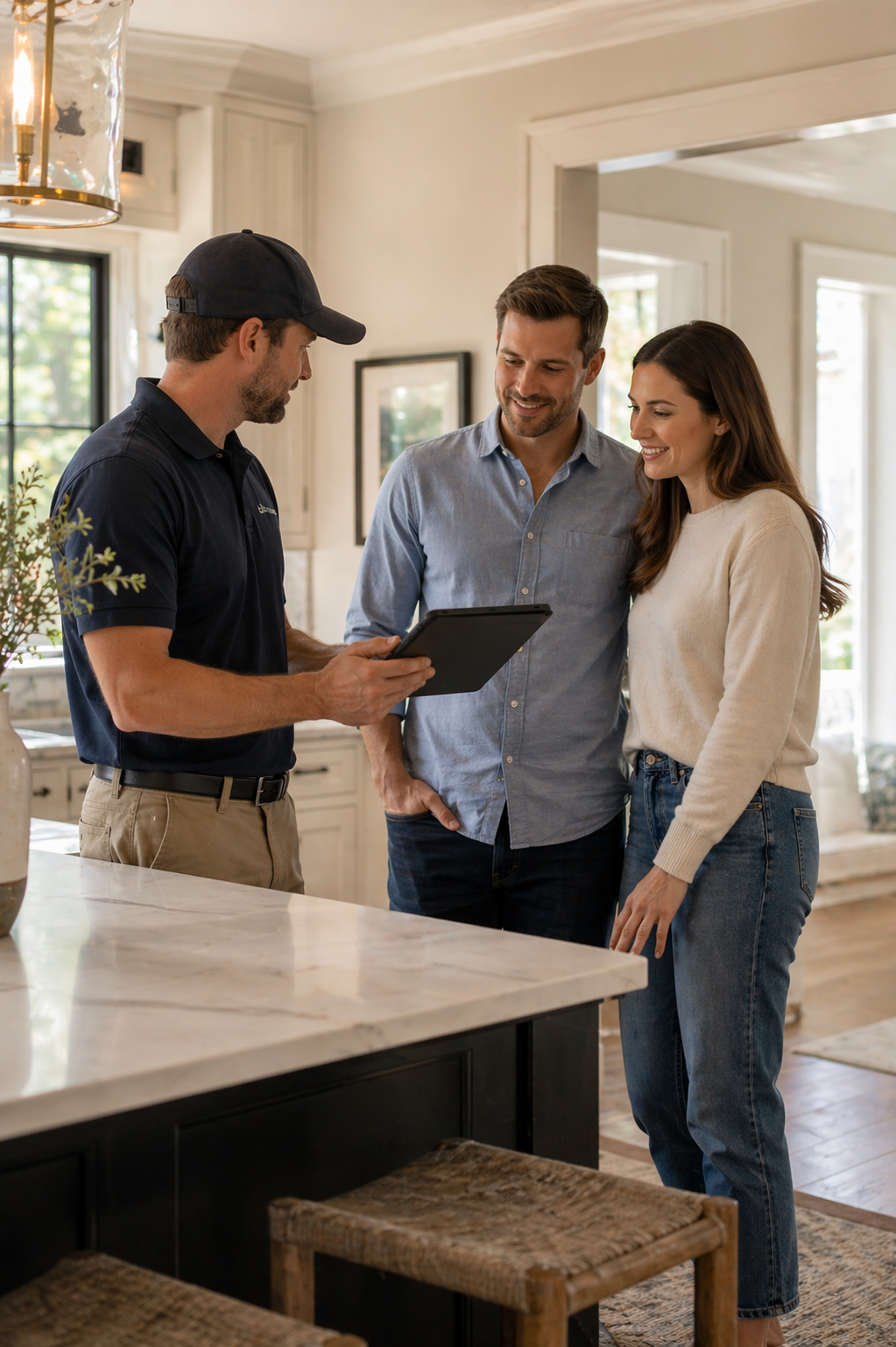 A man in a dark polo and cap showing a tablet to a smiling couple inside a bright, modern kitchen with large windows and white cabinets.