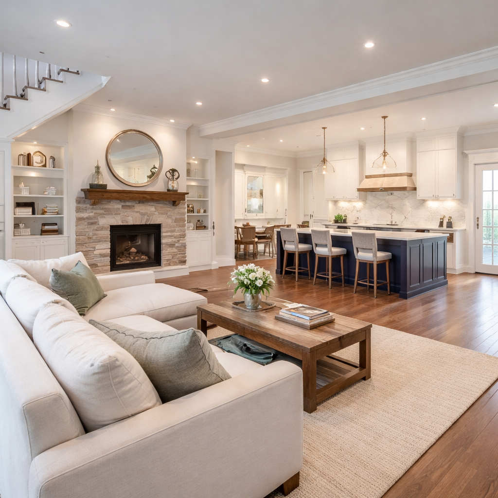Bright open-concept living room and kitchen with a white sofa, wooden coffee table, stone fireplace, built-in bookshelves, and a kitchen island with four chairs, pendant lights, white cabinetry, marble backsplash, and hardwood floors.