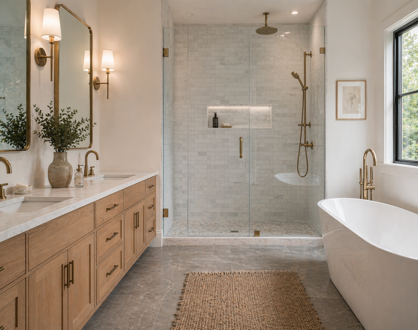 A modern bathroom with a double vanity with a marble countertop, two mirrors, and wall-mounted light fixtures. There is a bathtub next to a window, and a glass-enclosed shower with gold fixtures and built-in shelves.