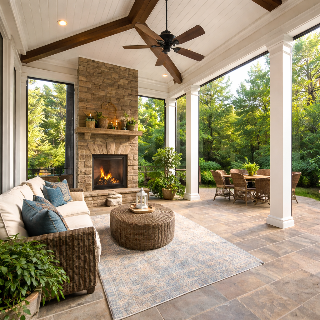 An outdoor living space with a stone fireplace, ceiling fan, wicker and cushioned seating, a cozy rug, and a view of lush green trees surrounding the area.