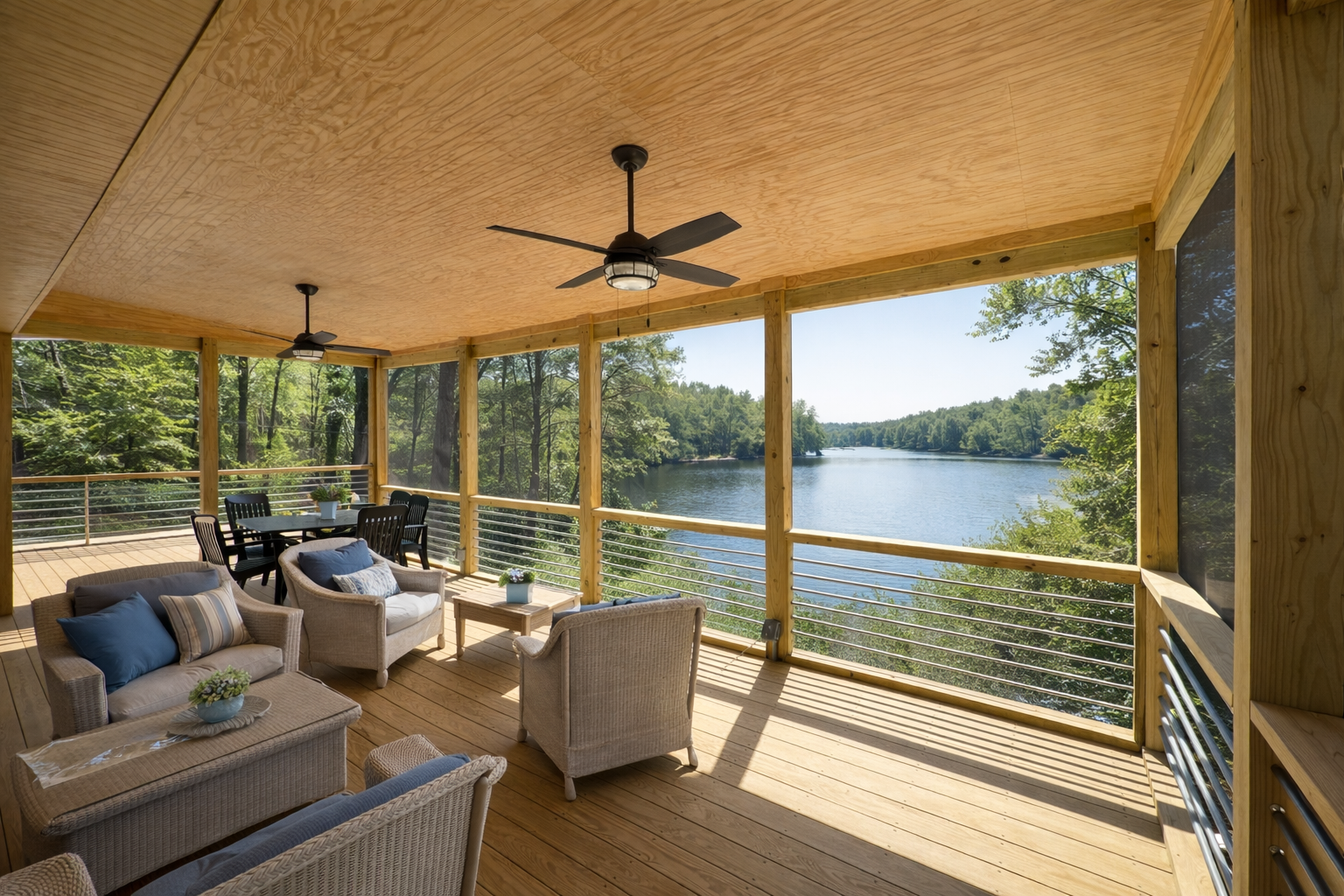 A covered porch overlooking a lake with trees, furnished with wicker sofas, armchairs, a dining table with chairs, ceiling fans, and potted plants.