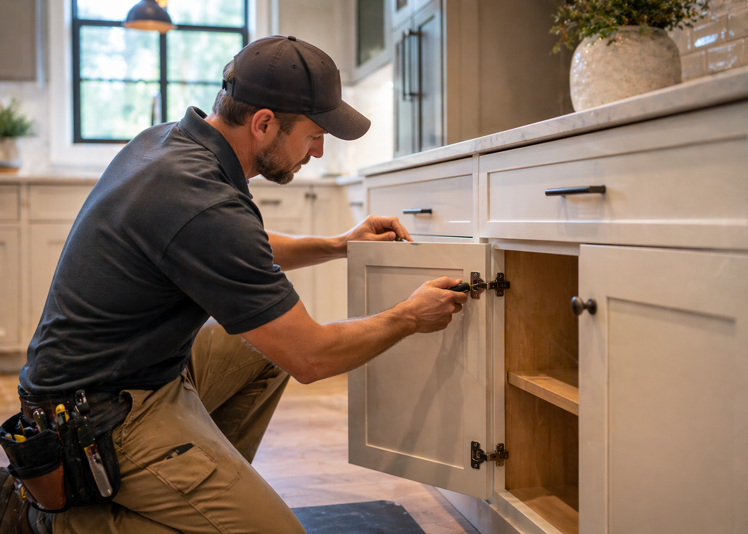A Craftsman installing or repairing kitchen cabinet door with screwdriver in a modern kitchen.