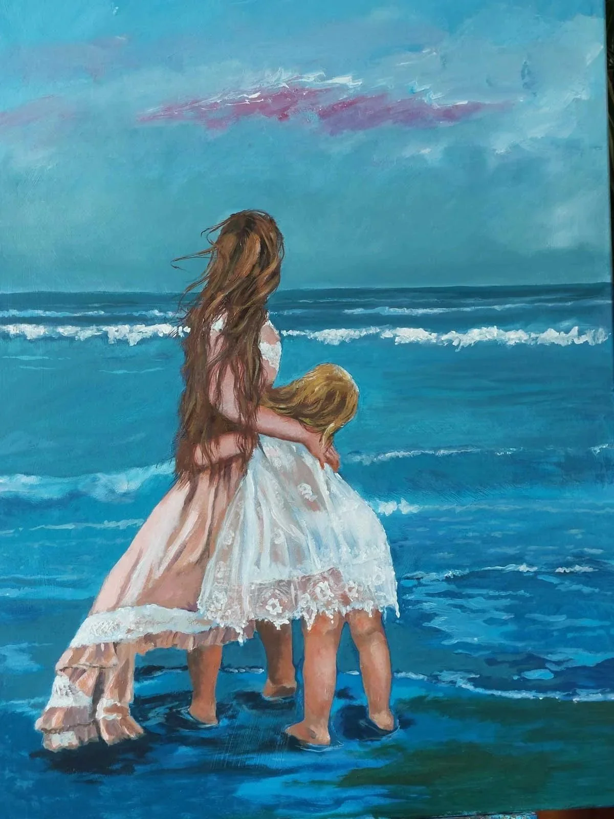 A large painting in acrylic and oil paints inspired by a favourite photo from a family in New Orleans.