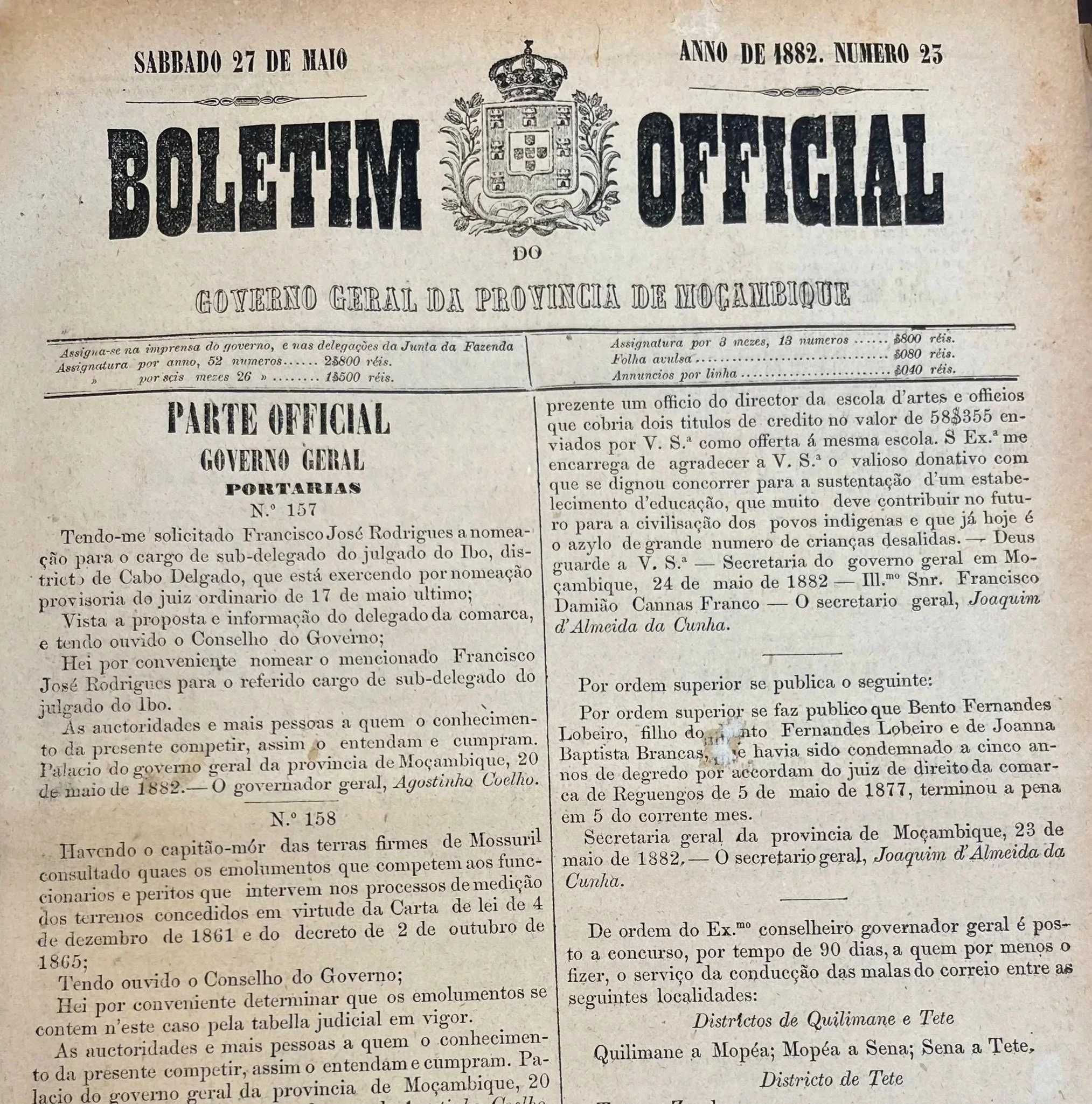 Historical newspaper page from Mozambique dated May 27, 1882, with official government notices, including appointments and government declarations.