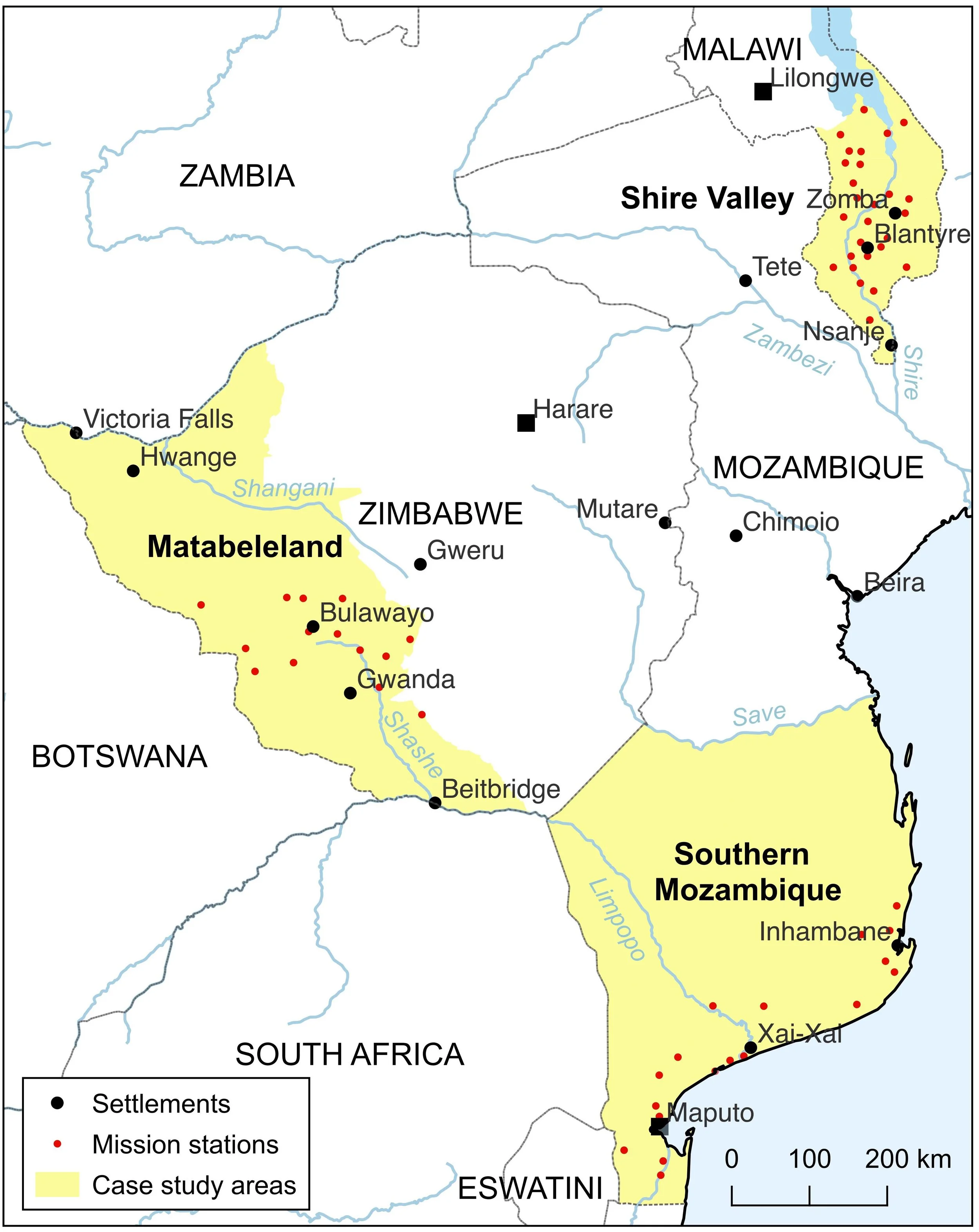Map of southern Africa showing case study areas in Mozambique, Zimbabwe, and Malawi with settlement locations and mission stations marked by black and red dots.