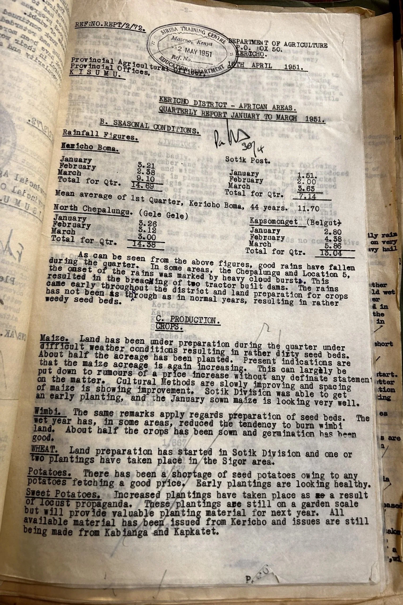 A typed historical report from Siriba Training Centre in Maseno, Kenya, dated May 1951, featuring rainfall figures and agricultural production notes, stamped with the date of May 2, 1951.