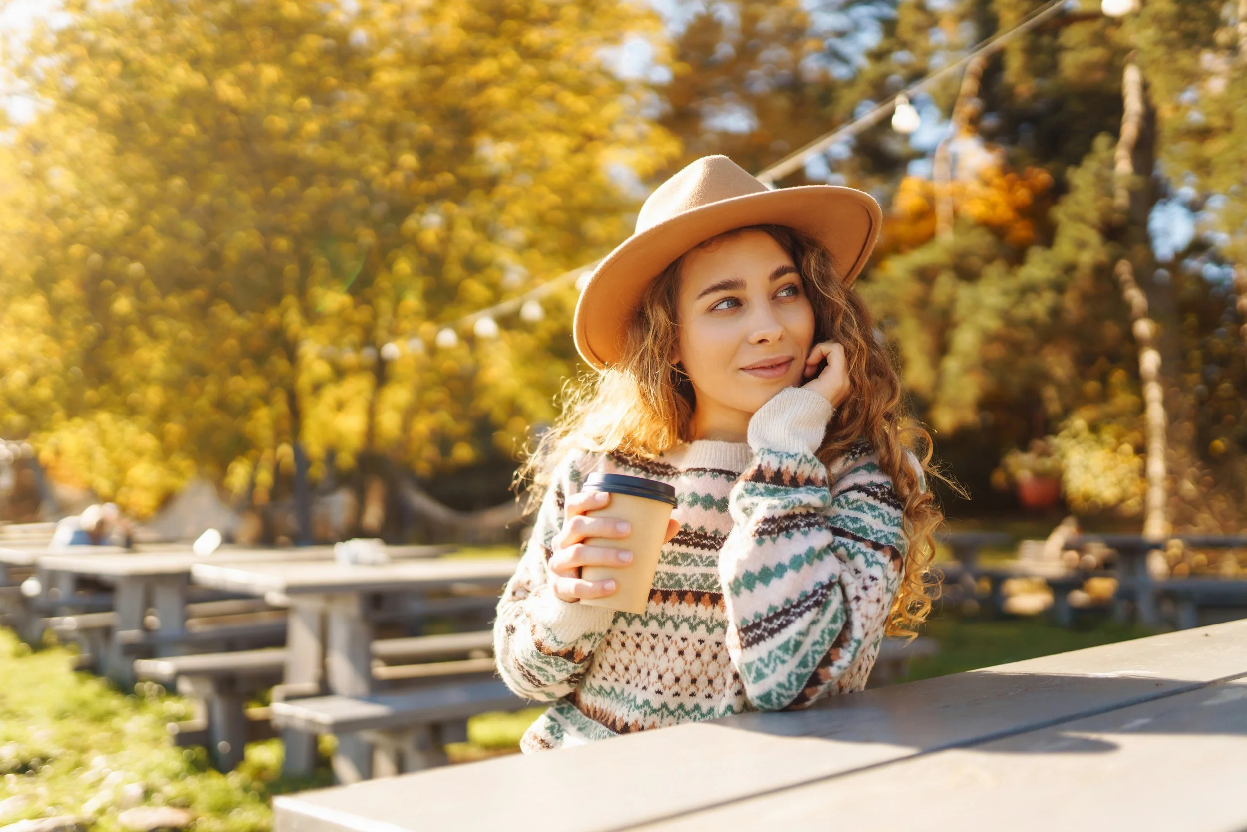 beautiful woman thinking outside, fall season,