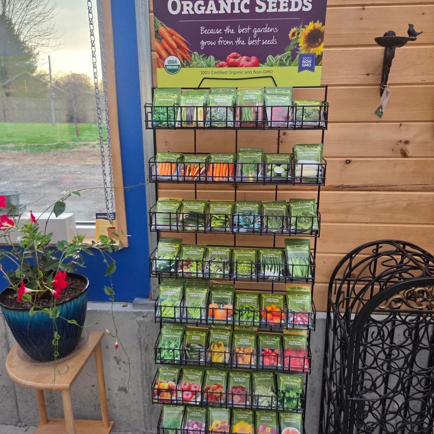 A black wire rack with multiple shelves filled with packets of organic seeds stands inside a store against a wooden wall. A purple sign with white text above the rack says "Organic Seeds" and features images of vegetables and sunflowers. To the left of the rack, a small table holds a potted pink flowering plant, and a window with a view of trees and a grassy area is visible in the background.