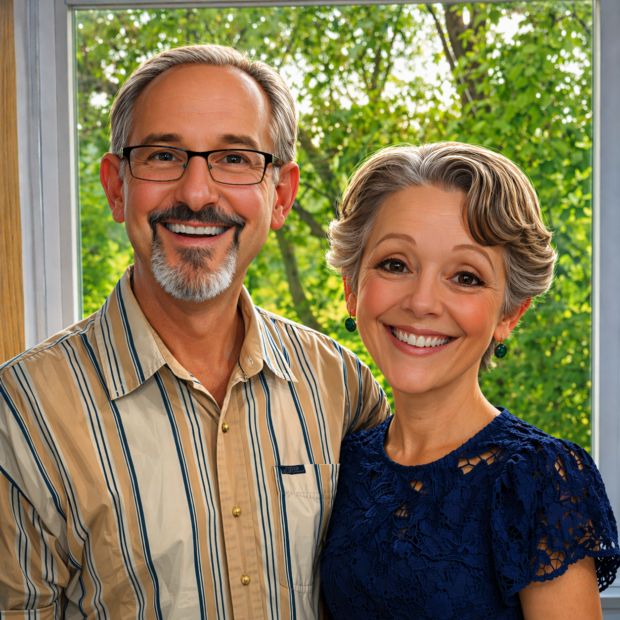 A happy middle-aged man and woman standing close together indoors, smiling, with a window and green trees outside in the background.