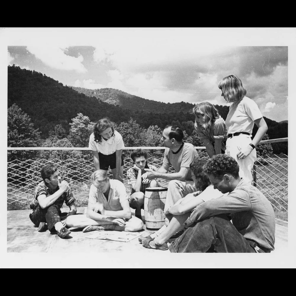 Lawrence Kocher with architecture students on the deck of the Studies Building, Lake Eden campus, Black Mountain College, ca. 1941-1942