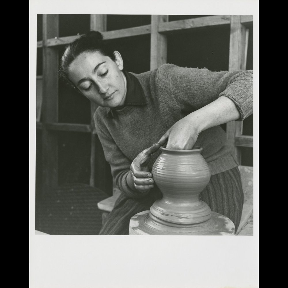 Karen Karnes at pottery wheel