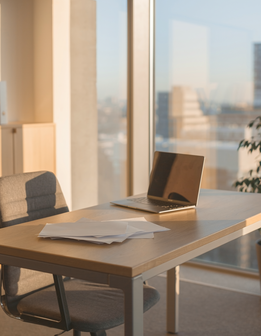 An office desk with a closed laptop and scattered papers, next to a gray office chair, in front of large windows with a city view.