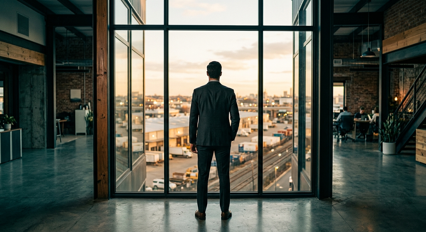 A man in a business suit standing inside a modern office building, looking out a large window at an urban skyline during sunset.