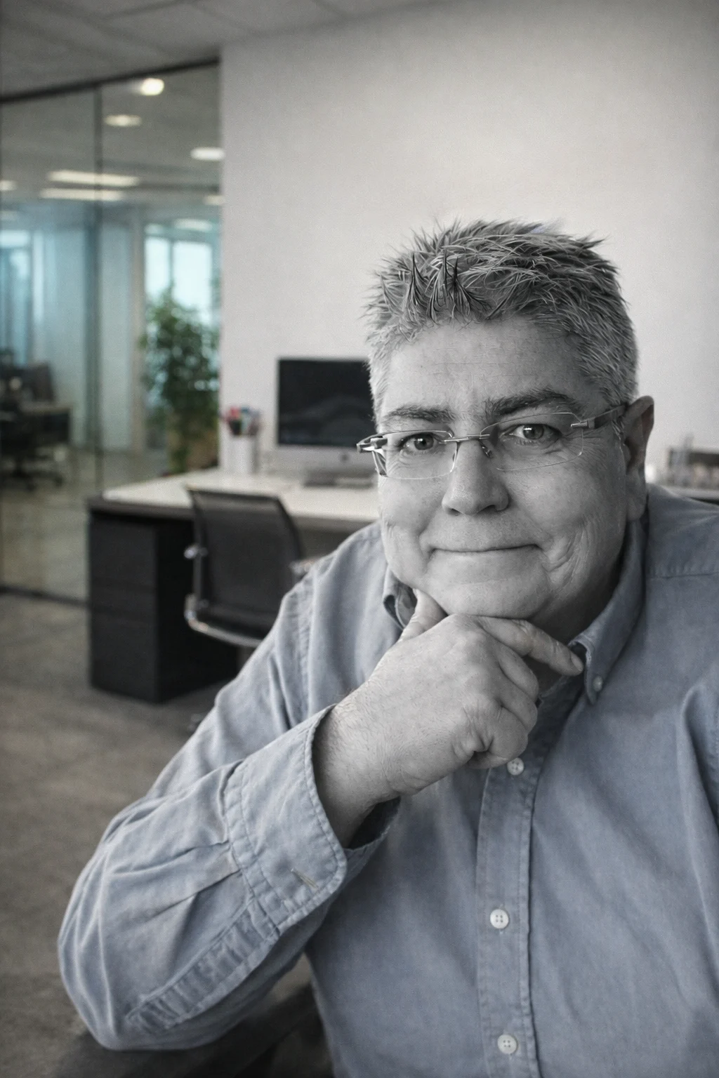 Hombre con gafas y cabello rubio, en oficina, pensativo, con escritorio y computadoras en el fondo.