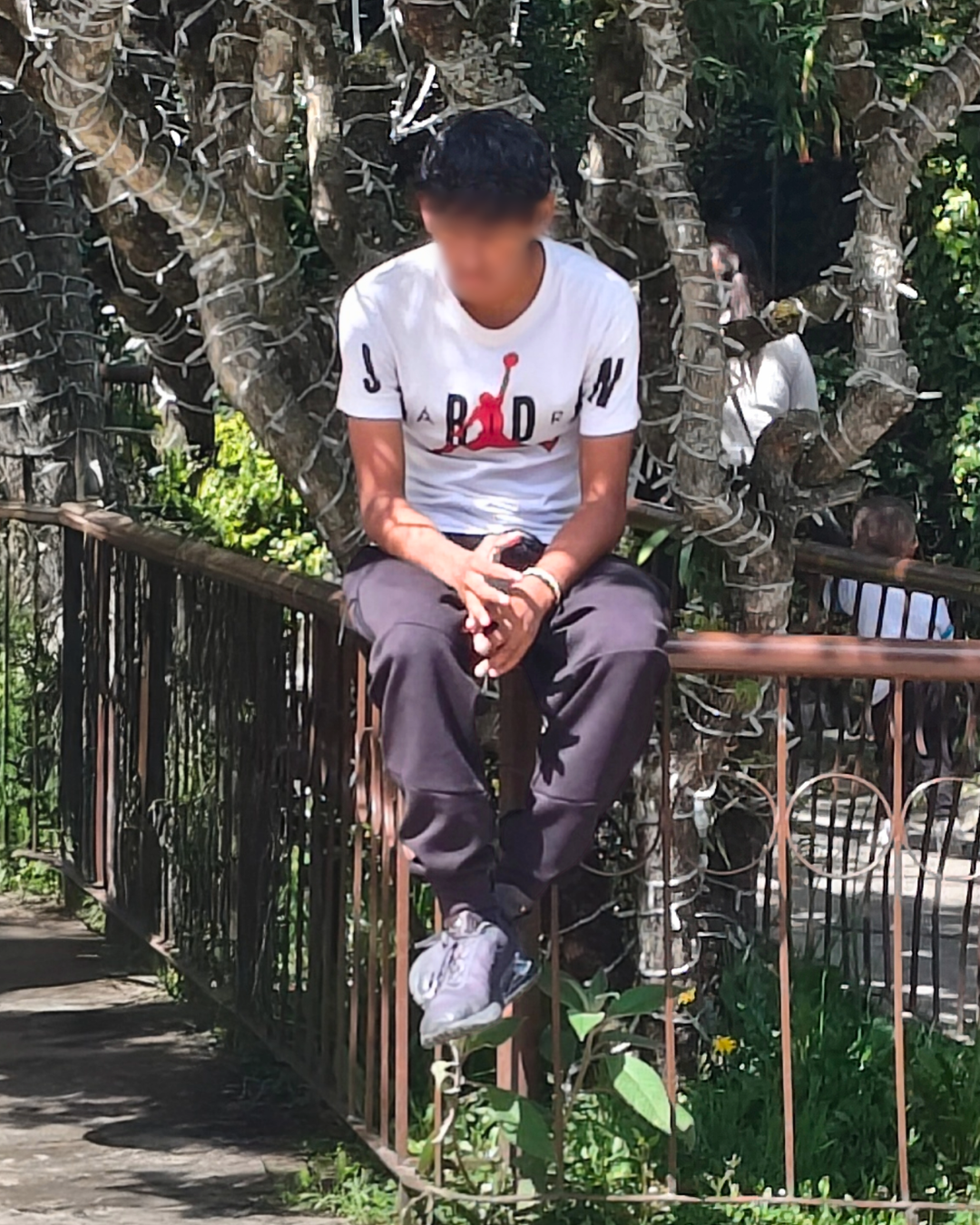 Joven sentado en una baranda de metal, rodeado de árboles con raíces expuestas en un parque o jardín.