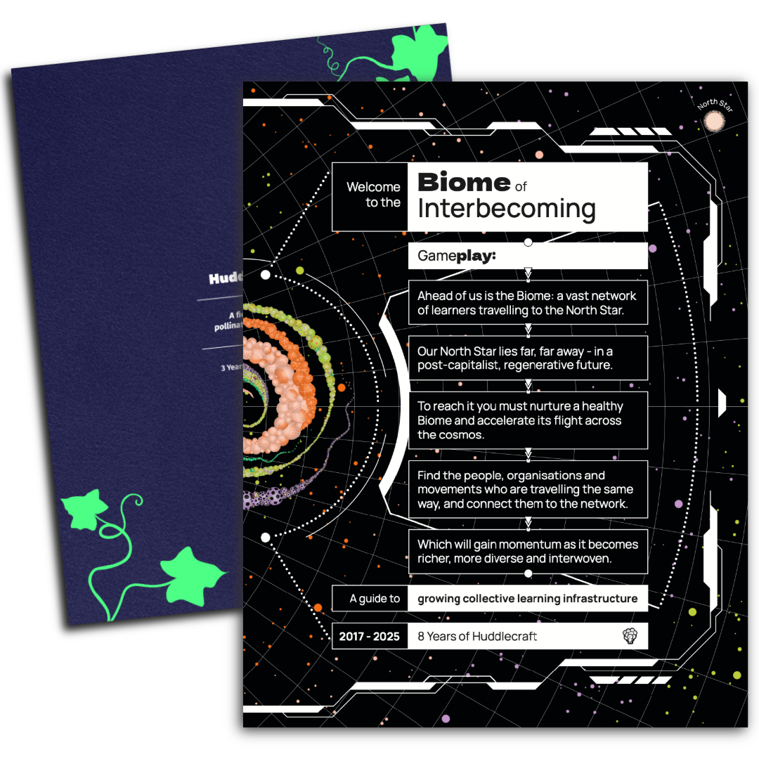 Cover page of two Huddlecraft Yearbooks - part-manifesto, part-impact report. 8-Yearbook with a space-themed cover design titled "Biome of Interbecoming"