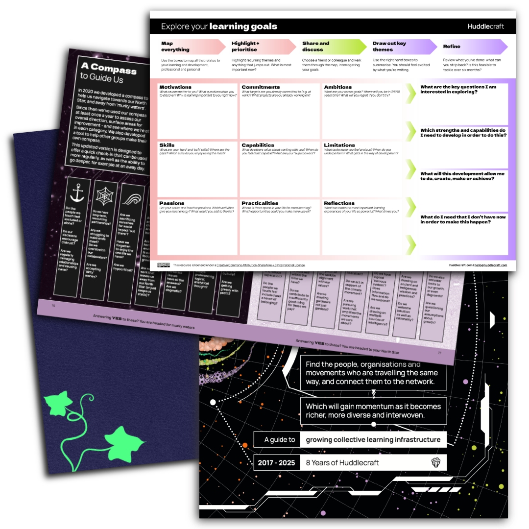 A set of colourful, detailed worksheets including one titled 'Explore your learning goals' with sections on map, motivations, skills, passions, capabilities, limitations, ambitions, and reflections, designed for personal development and goal setting.