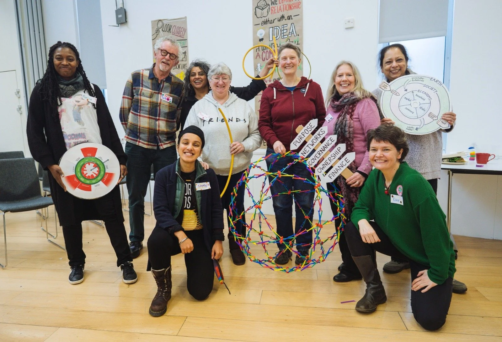 A diverse group of ten people smiling and posing together in a room, with some holding diagrams, a colorful globe, and papers on themes related to relationships, purpose, networks, governance, ownership, and finance. They appear to be participating in a workshop or group activity focused on social or professional themes.