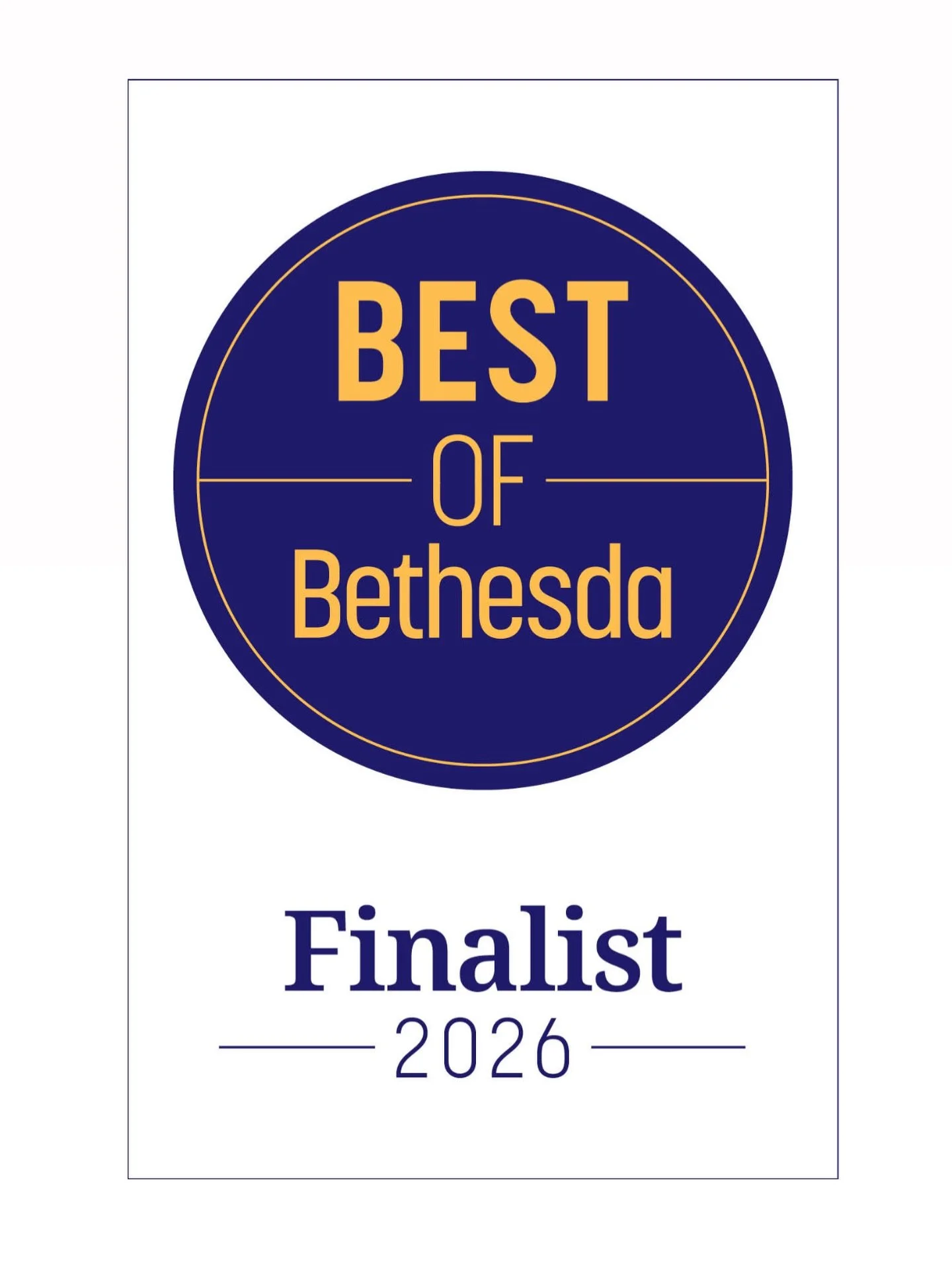Badge for Best of Bethesda 2026 finalist, featuring a blue and gold circular logo and text.