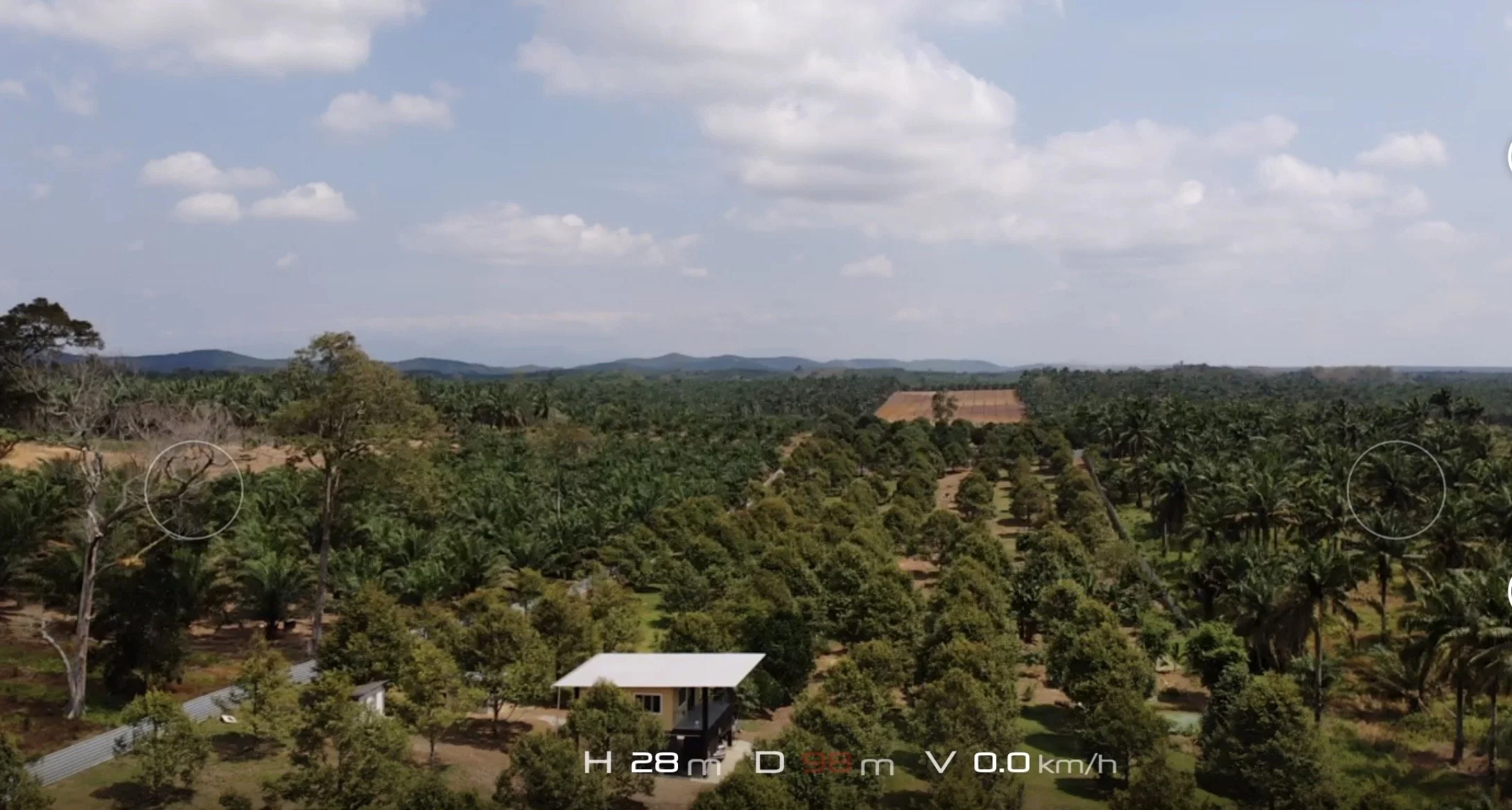A scenic view of lush green trees and forested hills under a partly cloudy sky, with a few small structures visible among the trees.