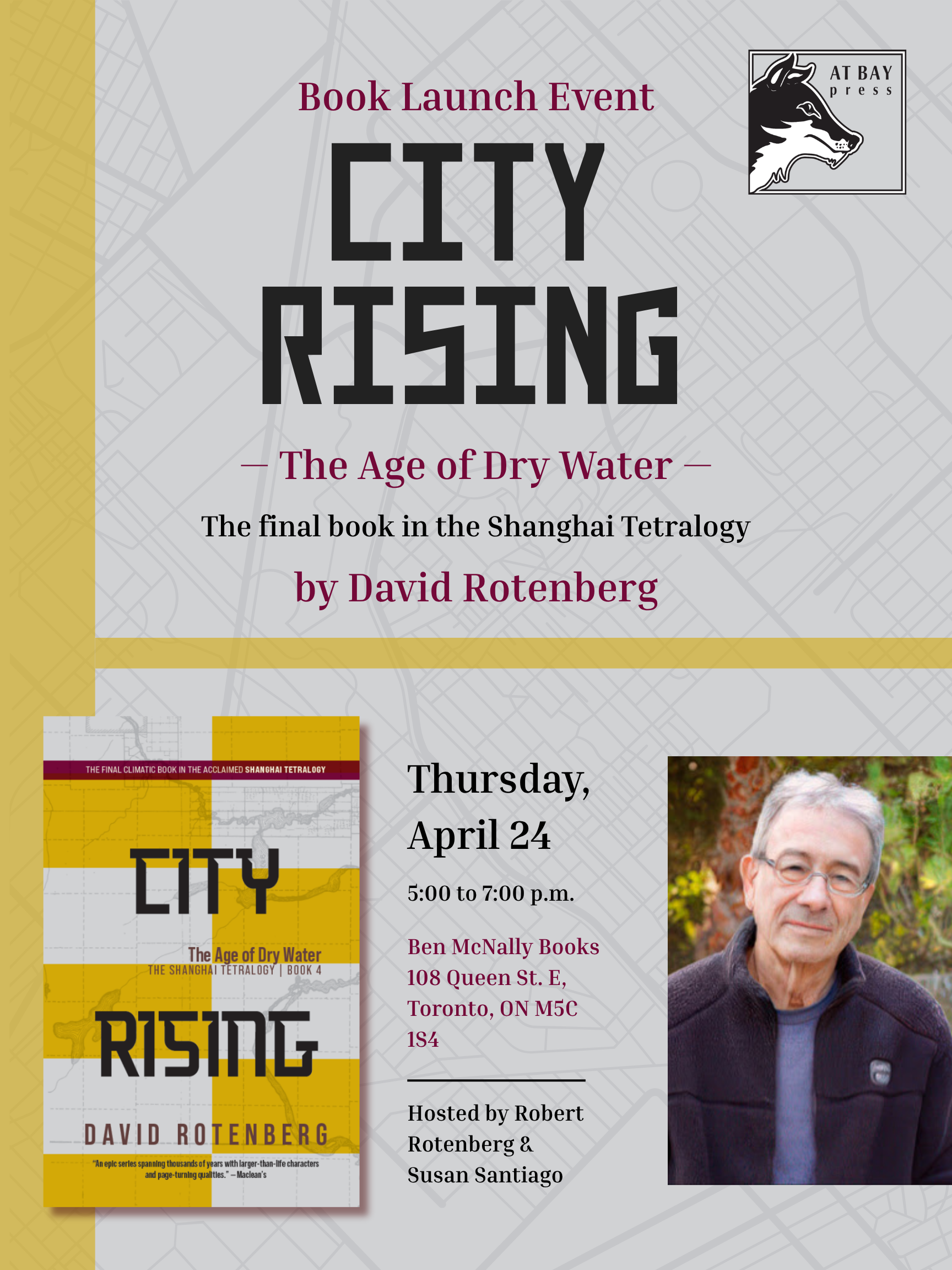 poster of content for a book launch including book cover and author image