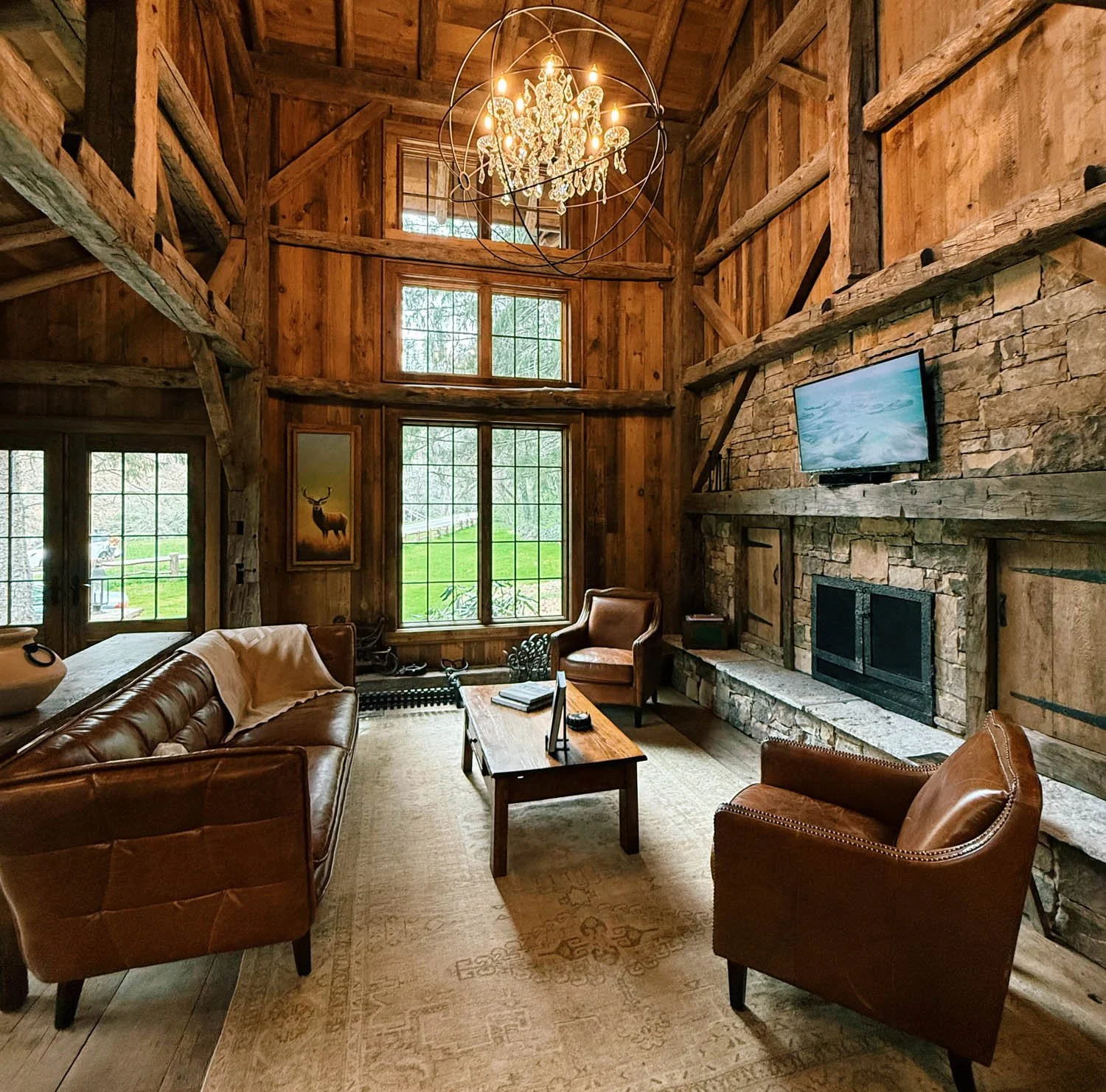 Modern Cabin Home Build Living Room with Fireplace - Mountain Ridge Custom Builders