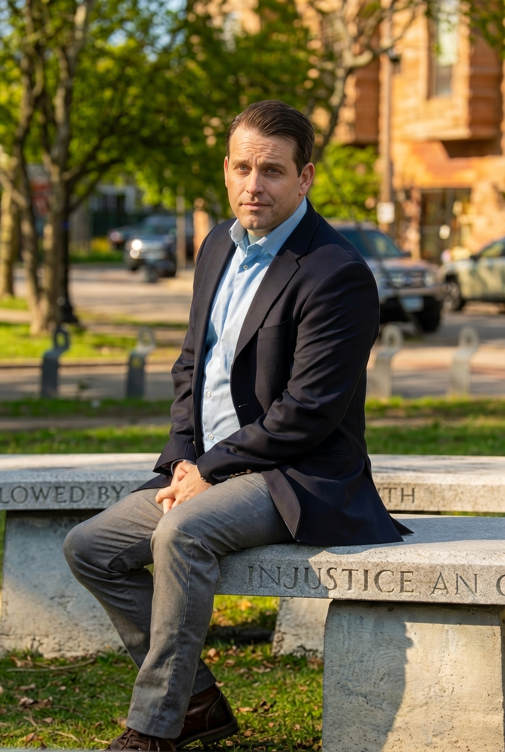 Cameron Moquin in a navy blazer and light blue shirt sitting on a concrete bench outdoors in a park, with trees and parked cars in the background.