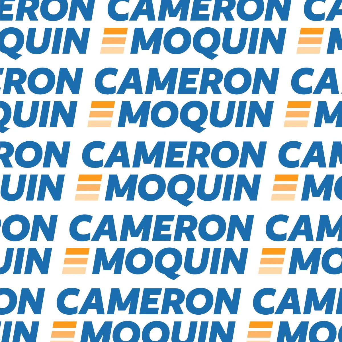 Repeated pattern of the name 'Cameron Quind' in blue text with orange equal signs in between.