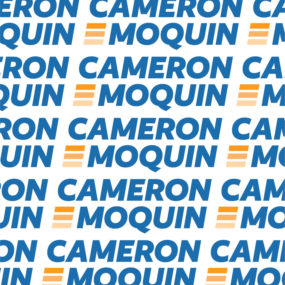 Text pattern featuring the words "Cameron" and "Moquin" in blue, with an equal sign in orange, repeating diagonally.