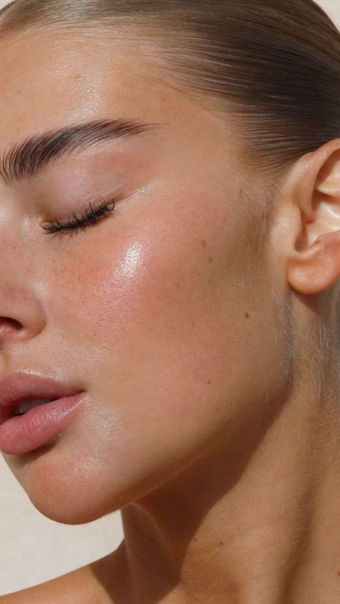 Zoom sur le visage d'une femme avec une peau claire, maquillage naturel, sourcils bien définis, et cheveux attachés en arrière.