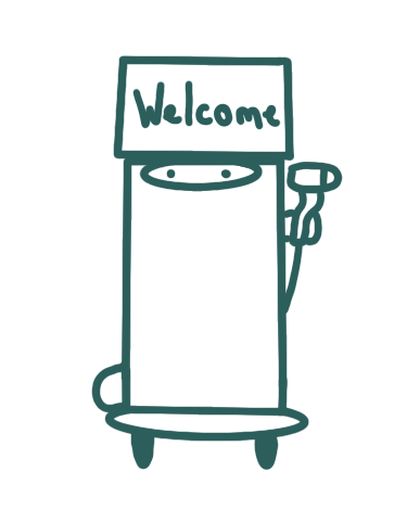 Une machine à café avec un panneau disant 'Welcome'