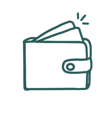 Une illustration simple d'un porte-monnaie fermé avec une poignée ouverte et des lignes pour indiquer qu'il est secoué ou qu'il y a des mouvements.