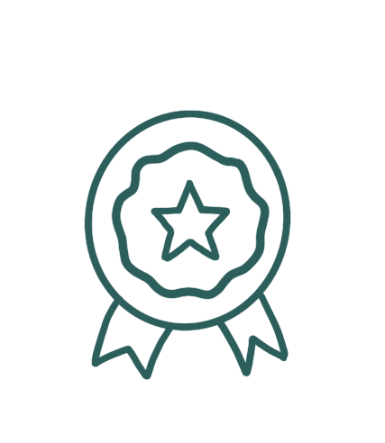 Illustration d'une médaille ou d'un trophée avec une étoile au centre, entourée d'une bordure ondulée, avec deux rubans pendants en dessous.