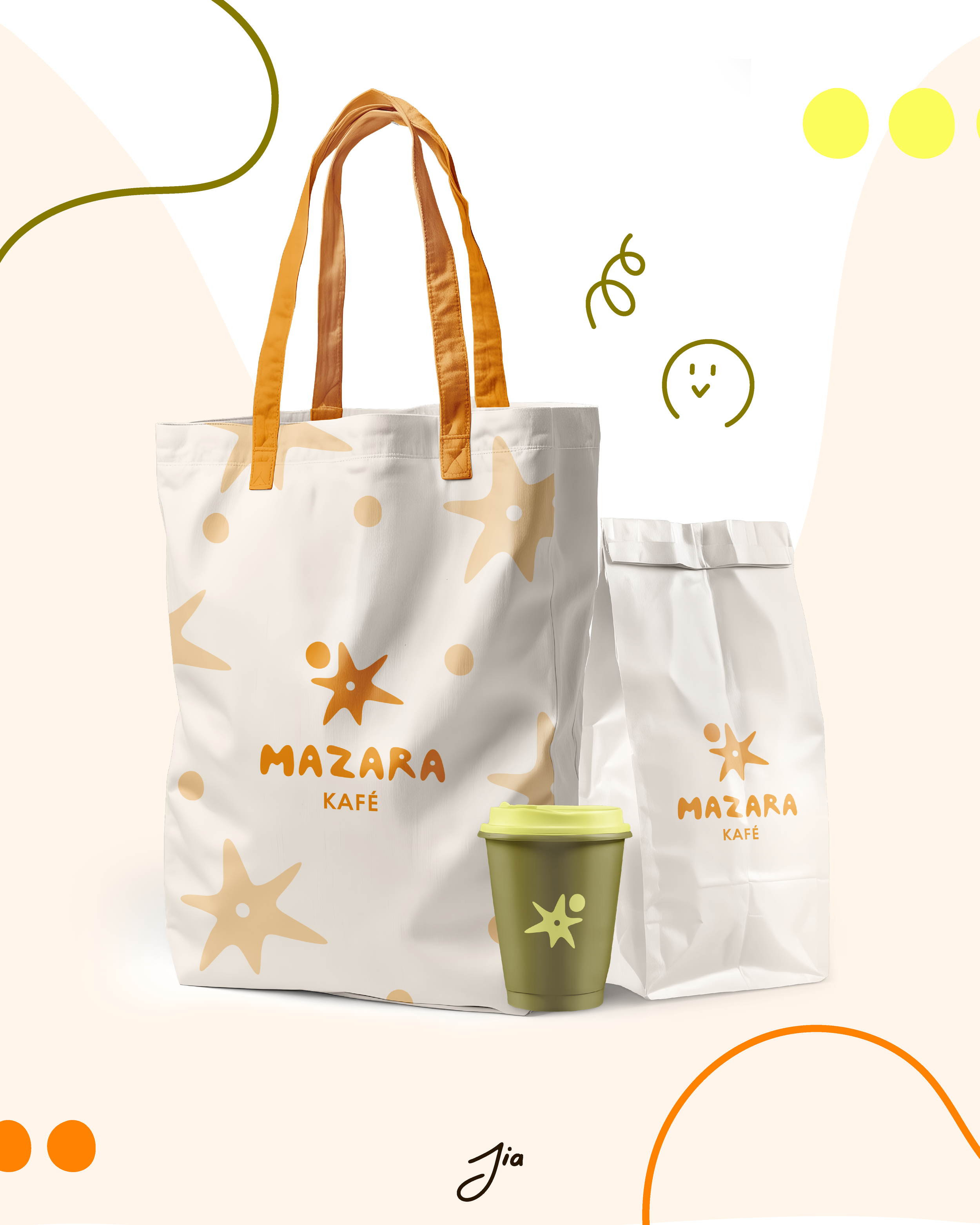 Ensemble de sacs et gobelet à café de la marque Mazara, avec dessins de étoiles et le logo en orange, sur un fond pastel avec des dessins de smiley et de lignes