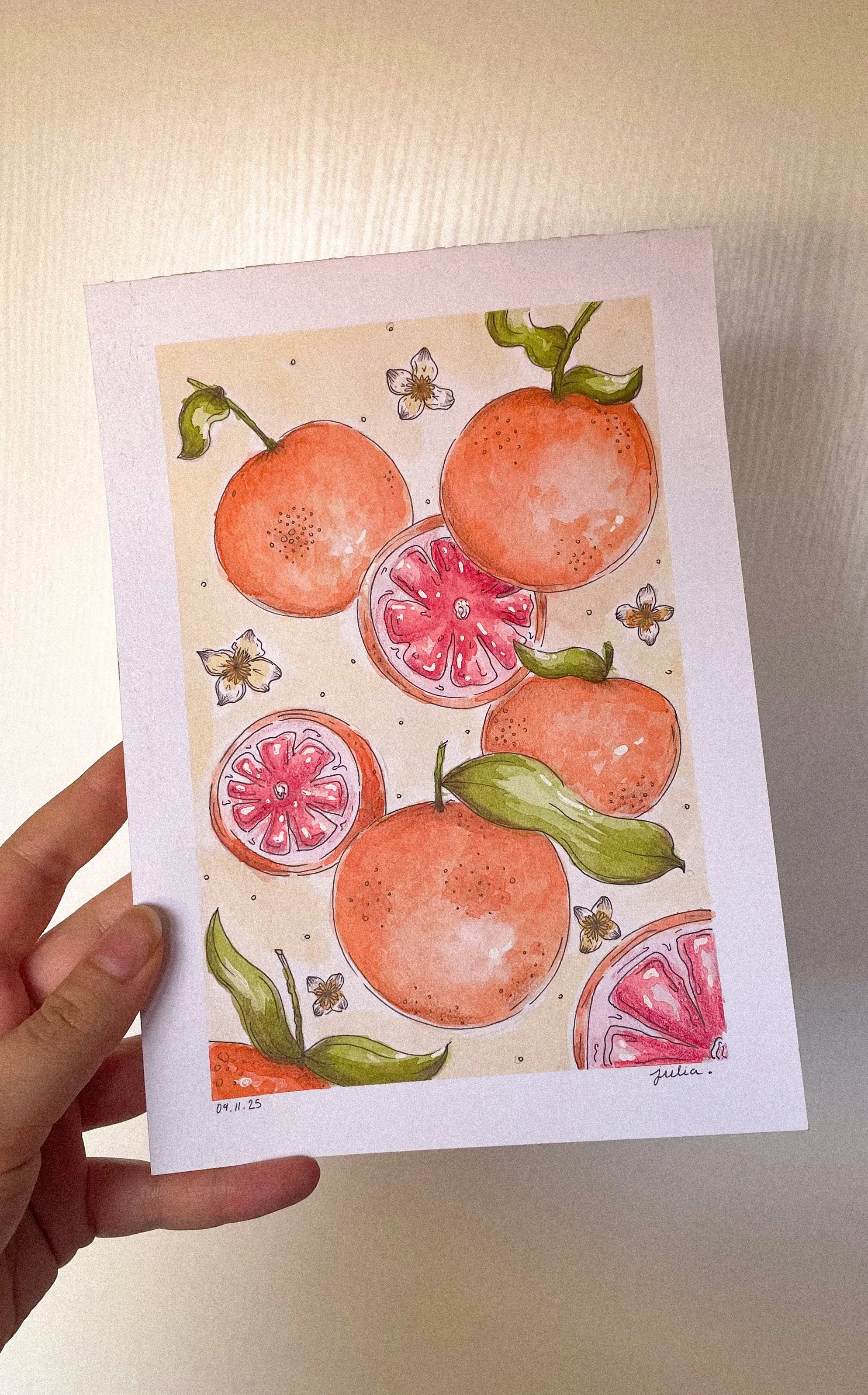 Une illustration de pastèques et de groseilles, avec des feuilles et des fleurs blanches, dans un style aquarelle, signé par Julia.