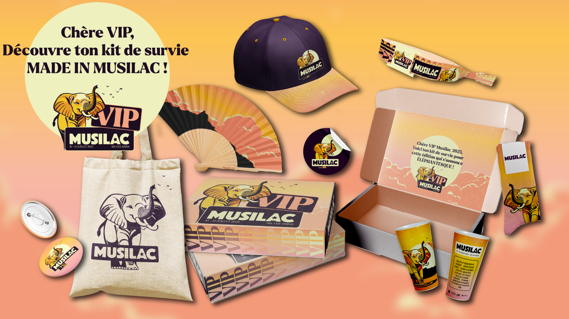 Attrape-nez, casquette, éventail, badge, boîte, sacs en tissu, tampons, bouteilles, et autres souvenirs avec logo Musilac en packaging et design coloré, promotion de l'événement Musilac 2023.
