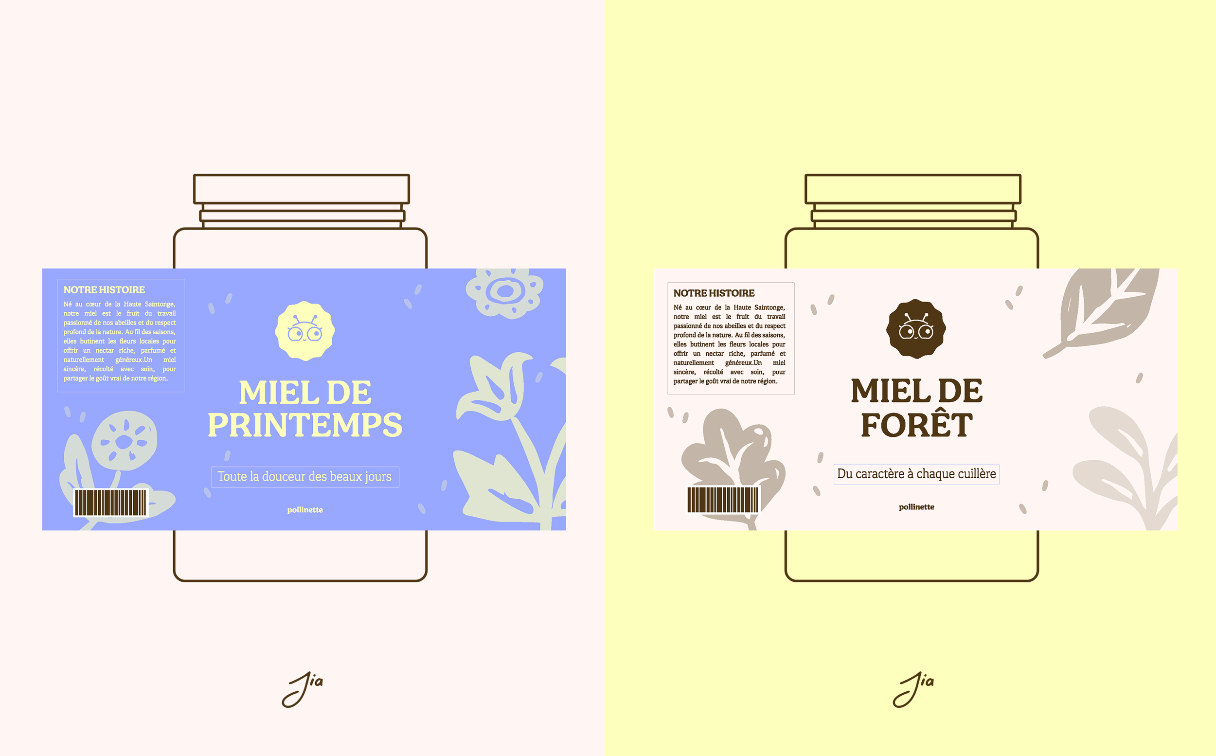 Deux étiquettes de miel, l'une pour miel de printemps et l'autre pour miel de forêt, avec des dessins floraux et des descriptions en français.