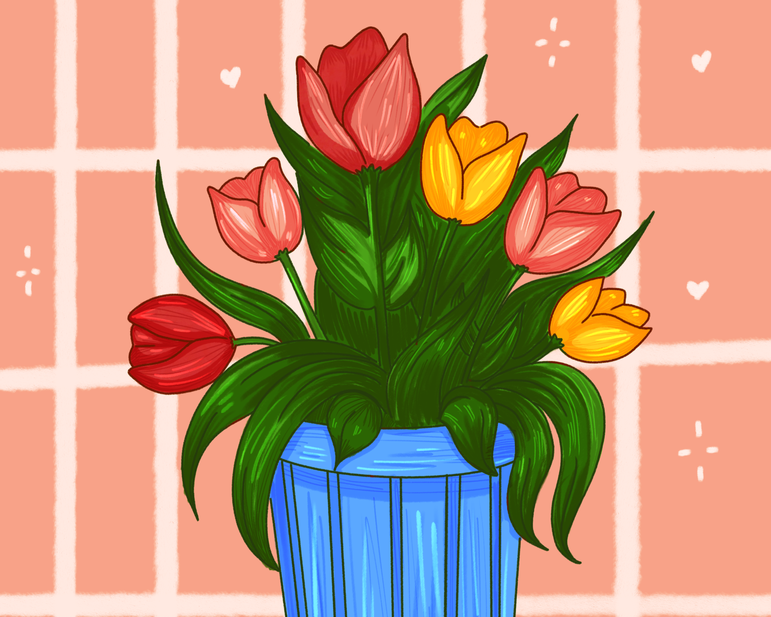Un bouquet de tulipes roses, jaunes et rouges dans un vase bleu en céramique, avec un fond en carreaux de couleur rose.
