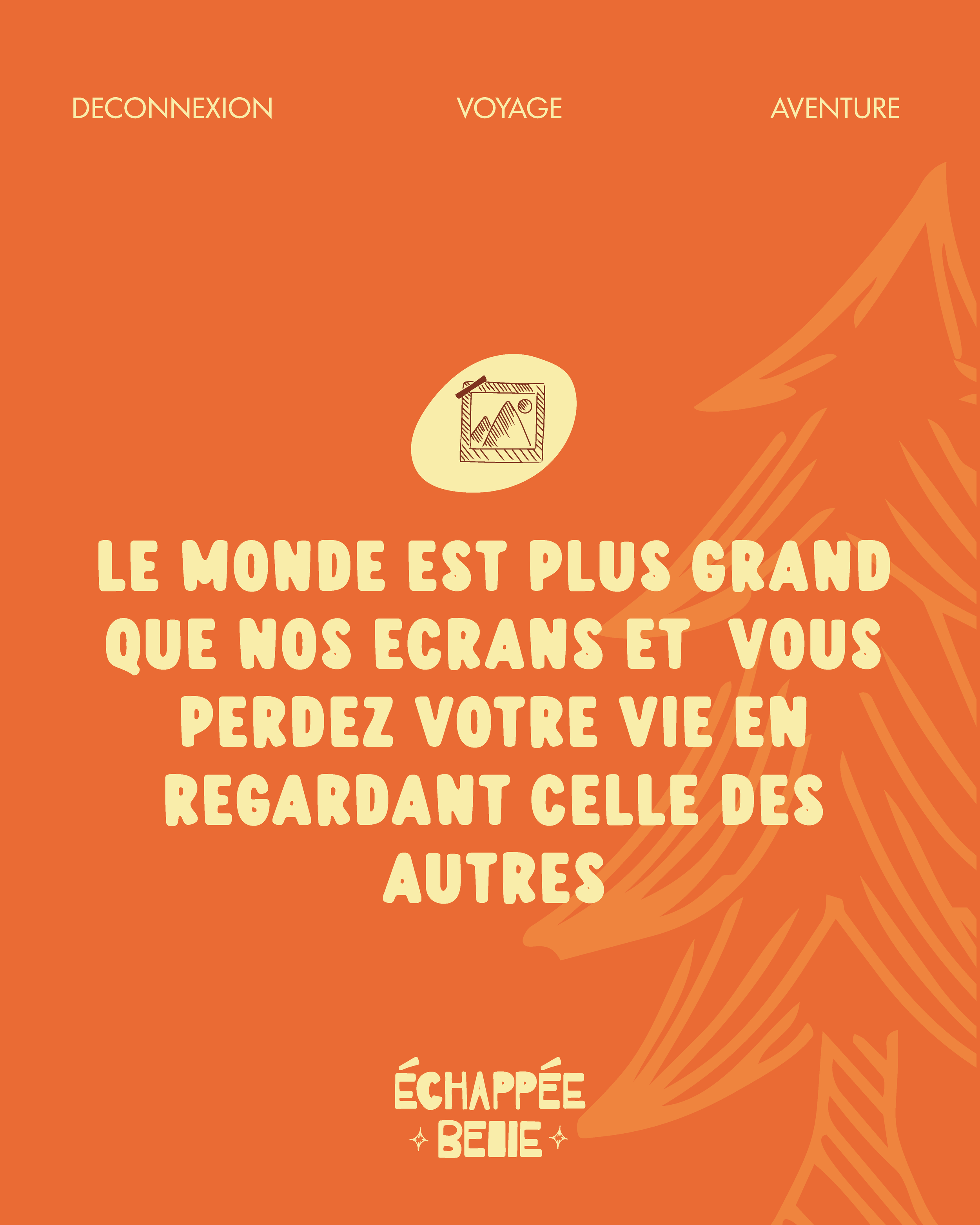 Une affiche orange avec un message inspirant en français : "Le monde est plus grand que nos écrans et vous perdez votre vie en regardant celle des autres". Il y a un dessin d'une photo sur un mur en haut de l'affiche, et une grande image d'un arbre stylisé en arrière-plan à droite. En bas, il y a la mention "Échappée Belle".
