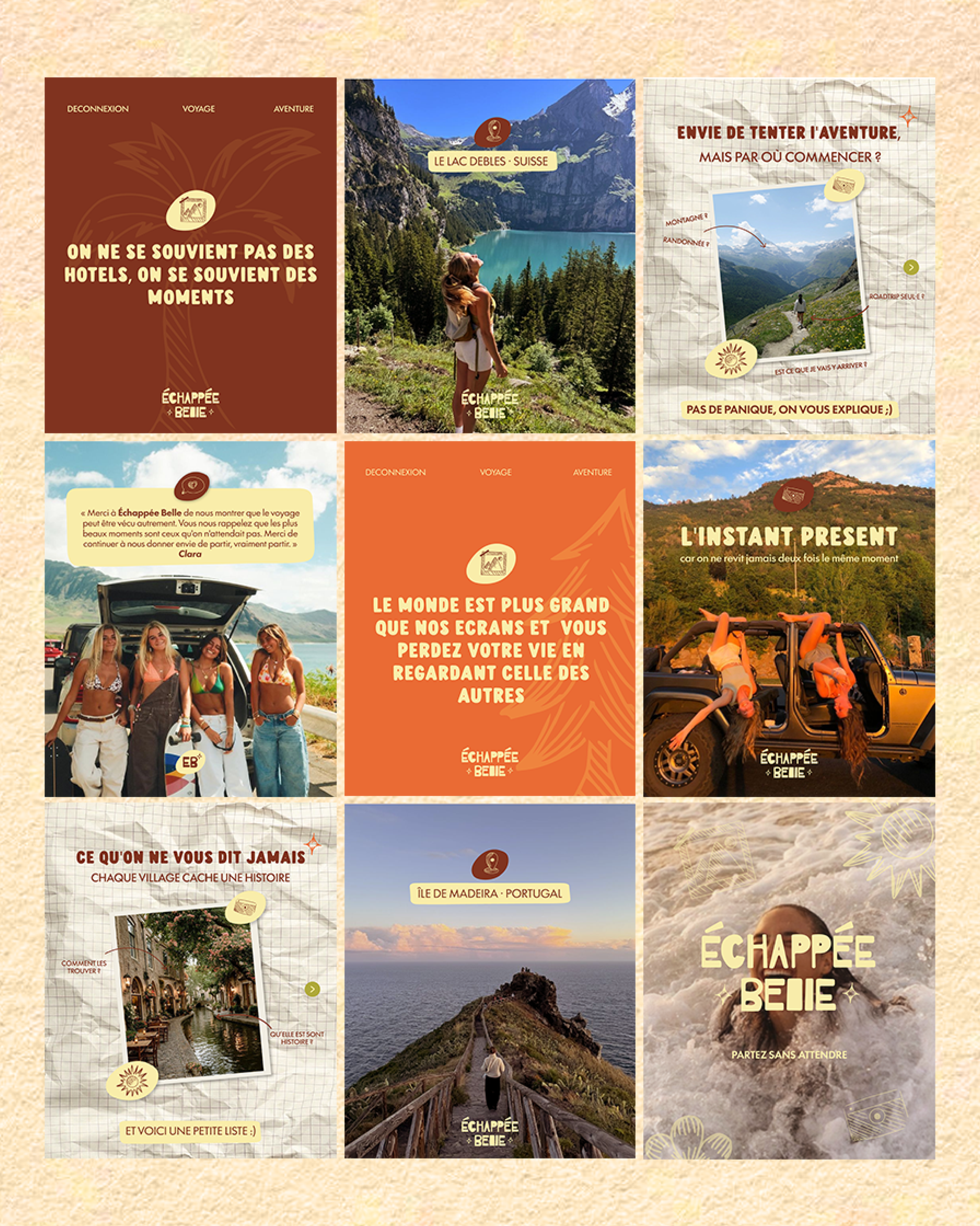 Collage de neuf images et textes promotionnels sur le voyage et l'aventure, avec paysages, personnes en randonnée, voitures, île portugaise et activités de loisirs.