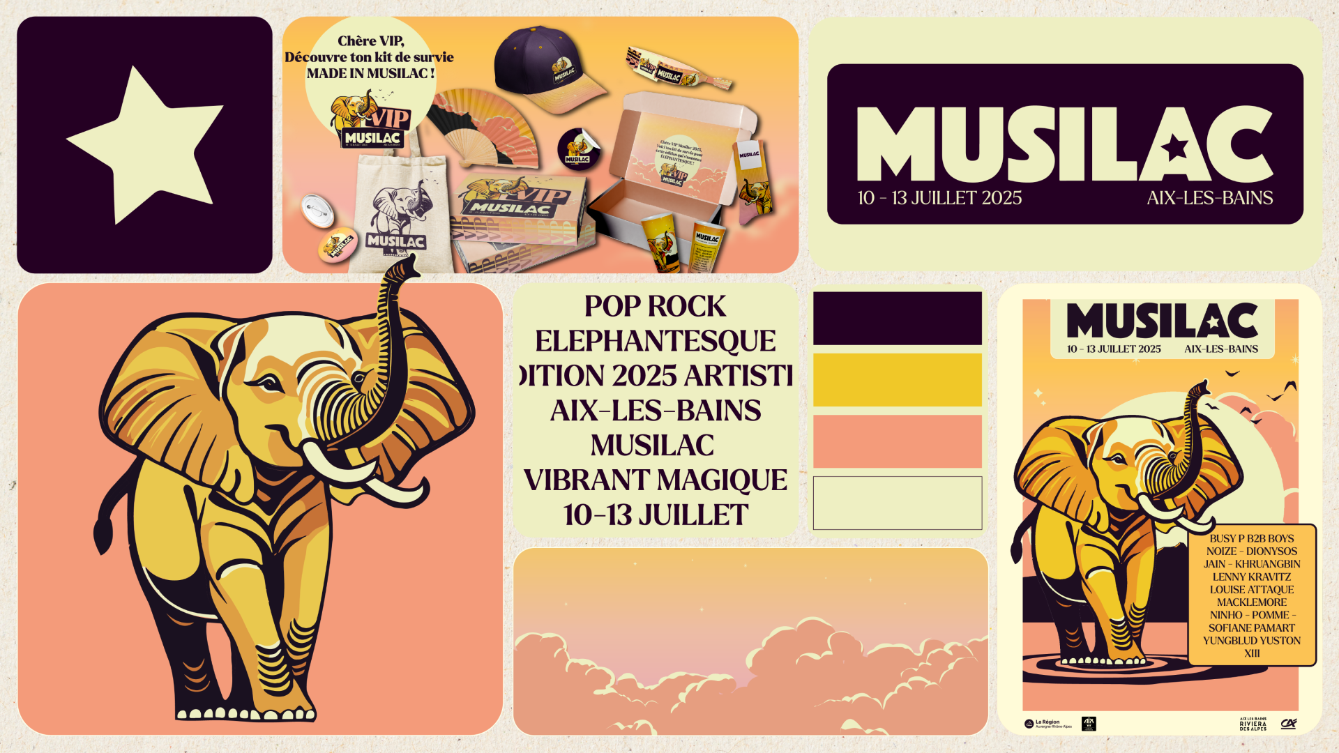 Affiche promotionnelle pour le festival Musilac 2025 à Aix-les-Bains, du 10 au 13 juillet, avec un dessin d'un éléphant stylisé et des couleurs pastel, incluant des détails des artistes et des produits dérivés.