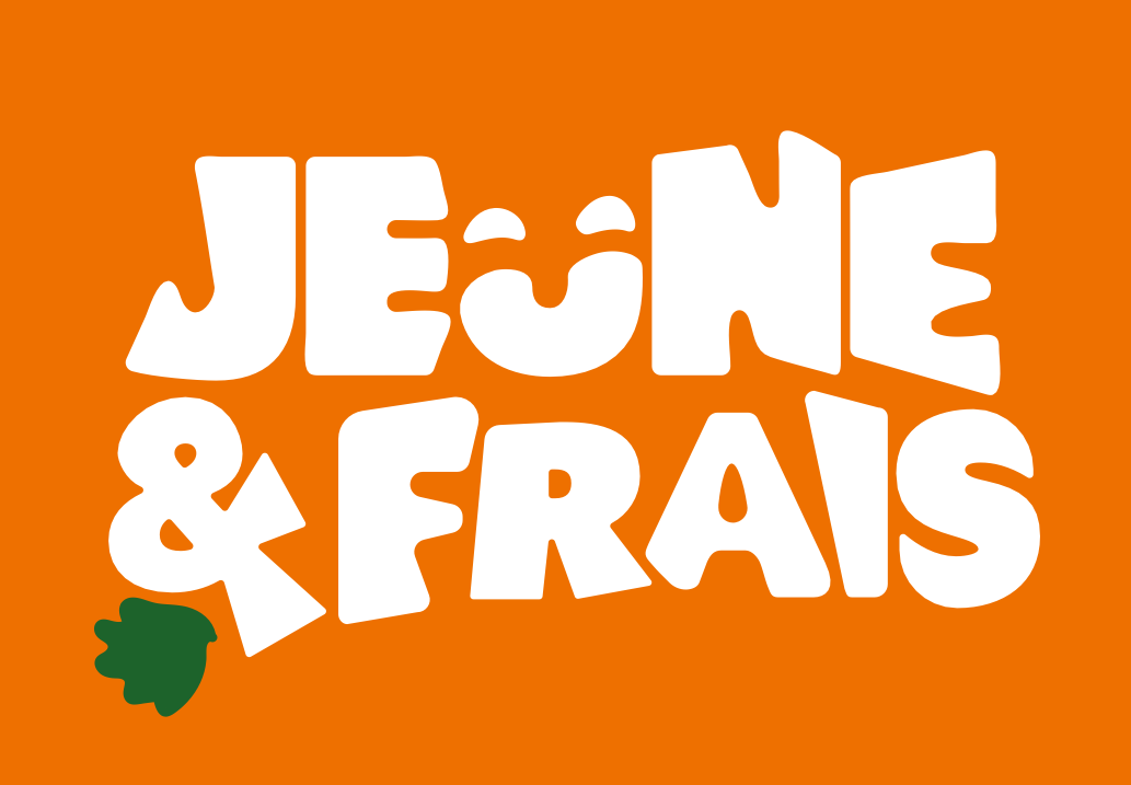 Logo orange avec les mots en blanc "JÉRÔME & FRAS" et une petite illustration d'une feuille verte en bas à gauche.