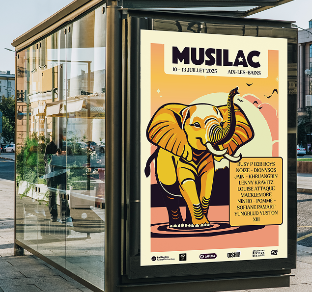 Affiche publicitaire pour le festival Musilac, du 10 au 13 juillet 2025 à Aix-Les-Bains, avec une illustration d'un éléphant stylisé et une liste d'artistes.