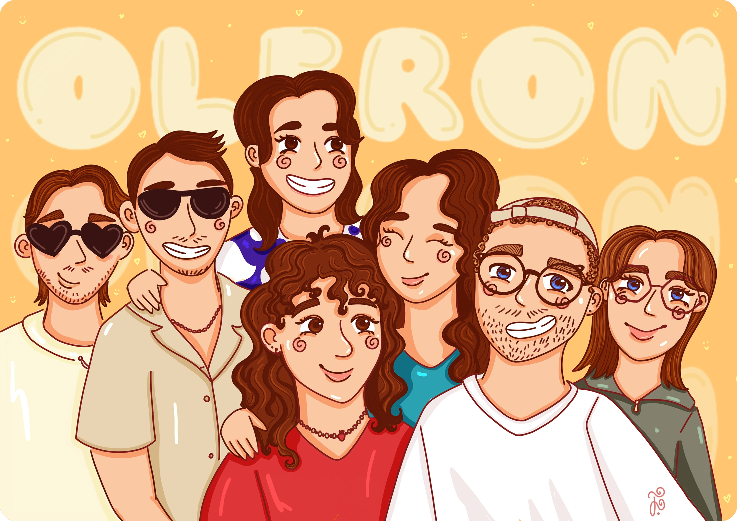 Une illustration d'un groupe de sept personnes souriantes et décontractées, avec des styles variés, posant ensemble dans un fond orange avec le mot 'OLÉRON' écrit en lettres blanches.