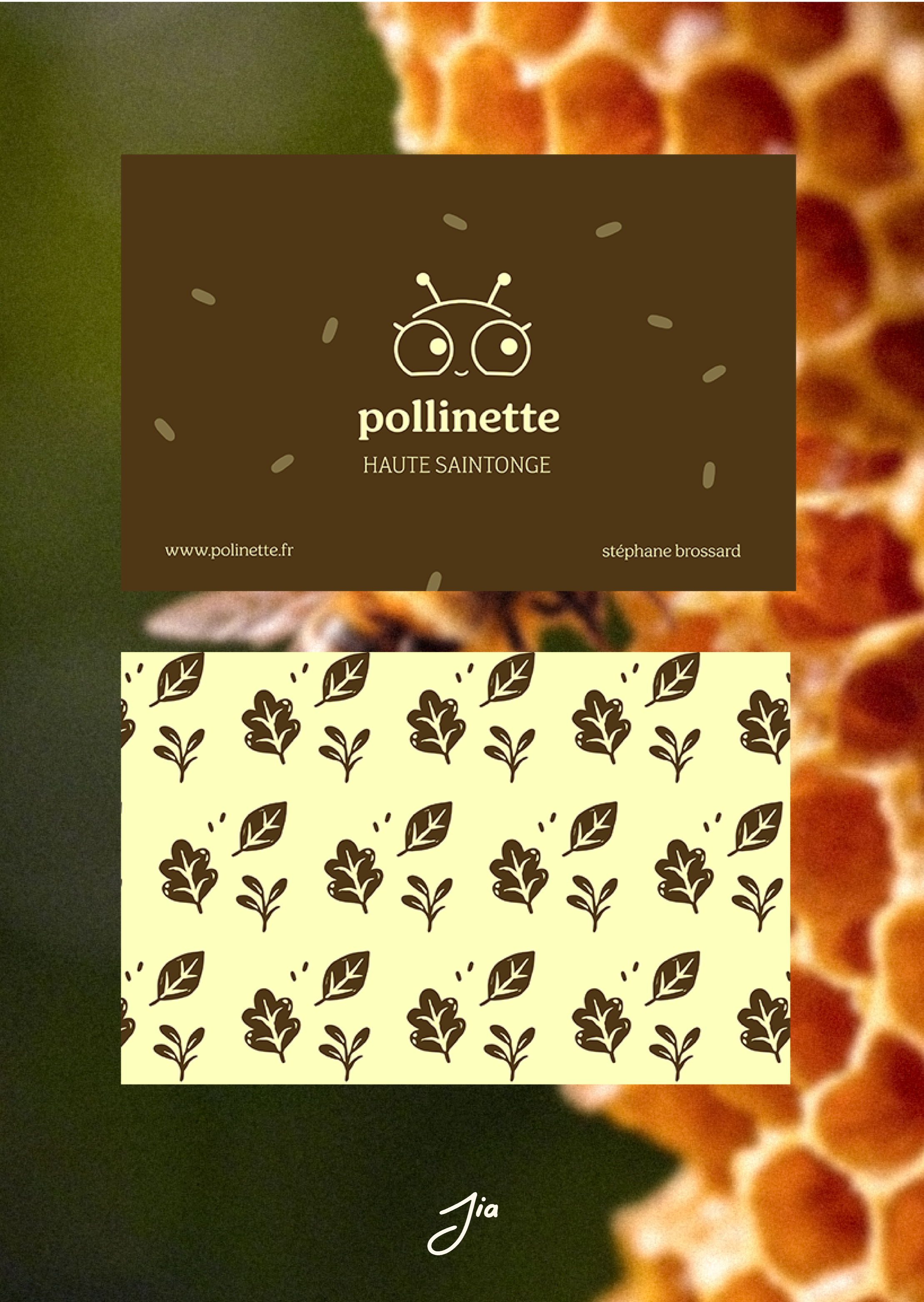 Une photo d'une fiche de visite avec un fond vert et une section en haut marron contenant un dessin d'une abeille avec de petites lignes rappelant des abeilles, le texte 'pollinette HAUTE SAINTONGE', le site web www.polinnette.fr et le nom Stéphane Brossard. En dessous, une section à fond crème avec un motif répétitif de feuilles et de fleurs en marron. En bas, écrit 'Jia' en blanc.